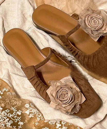 Brown Slide Sandals Splicing Wrinkled