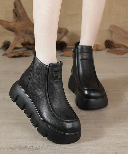 Brown Zippered Platform Cowhide Leather Boots Splicing Boots