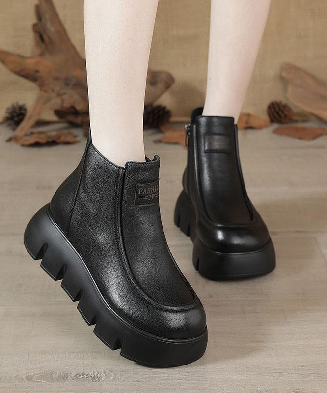 Brown Zippered Platform Cowhide Leather Boots Splicing Boots