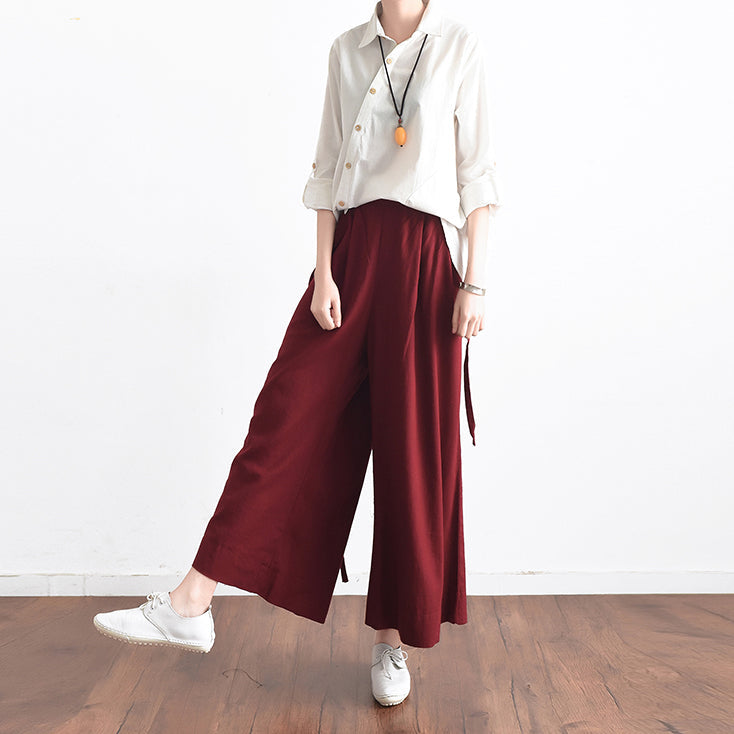 Burgundy Asymmetric Linen Crop Pants Oversize Wide Leg Pants Trousers