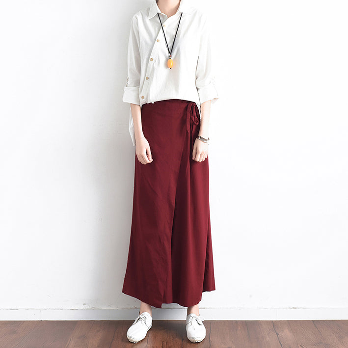 Burgundy Asymmetric Linen Crop Pants Oversize Wide Leg Pants Trousers