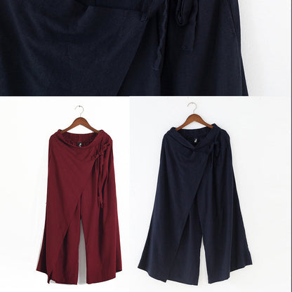 Burgundy Asymmetric Linen Crop Pants Oversize Wide Leg Pants Trousers