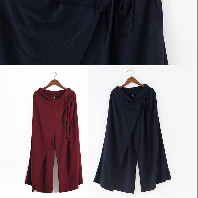 Burgundy Asymmetric Linen Crop Pants Oversize Wide Leg Pants Trousers