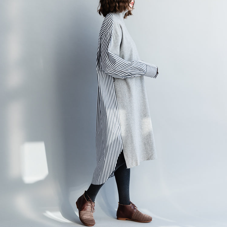 Buy Gray Cotton Clothes for Metropolitan Museum Work Art High Neck Batwing Sleeve Dress