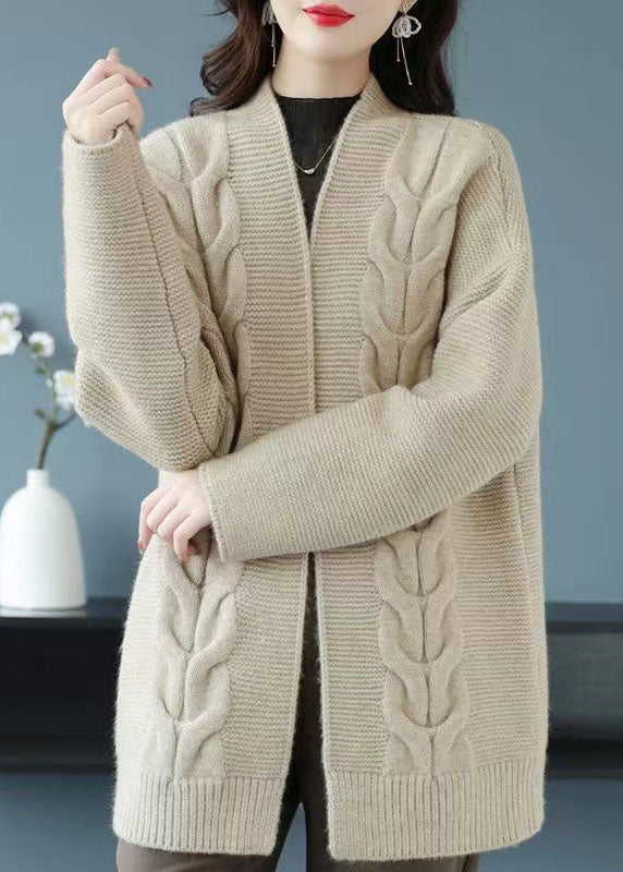 Camel Patchwork Thick Wool Cardigans V Neck Fall