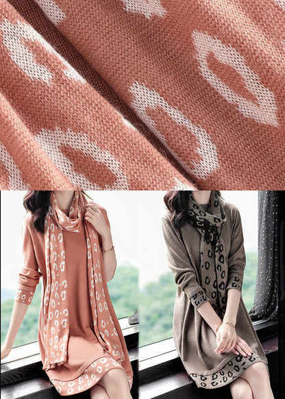 Camel Print Patchwork Knitted Dress O-neck Scarf Long Sleeve