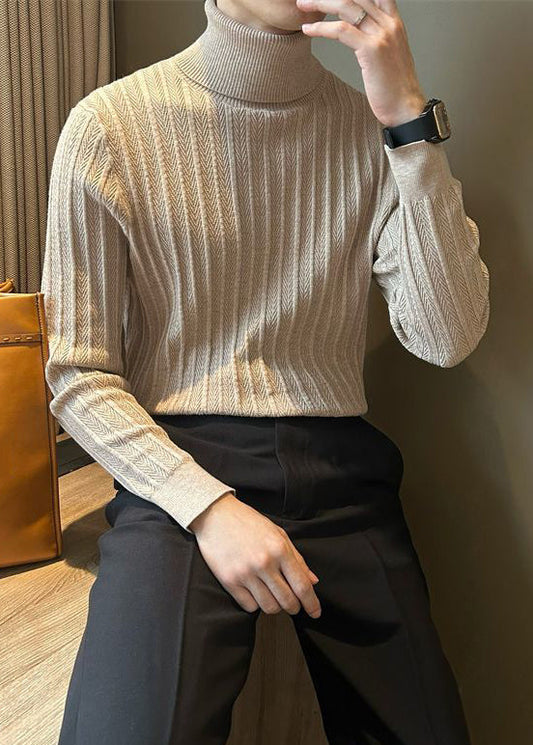 Camel Striped Thick Knit Winter Sweater Tops Turtleneck