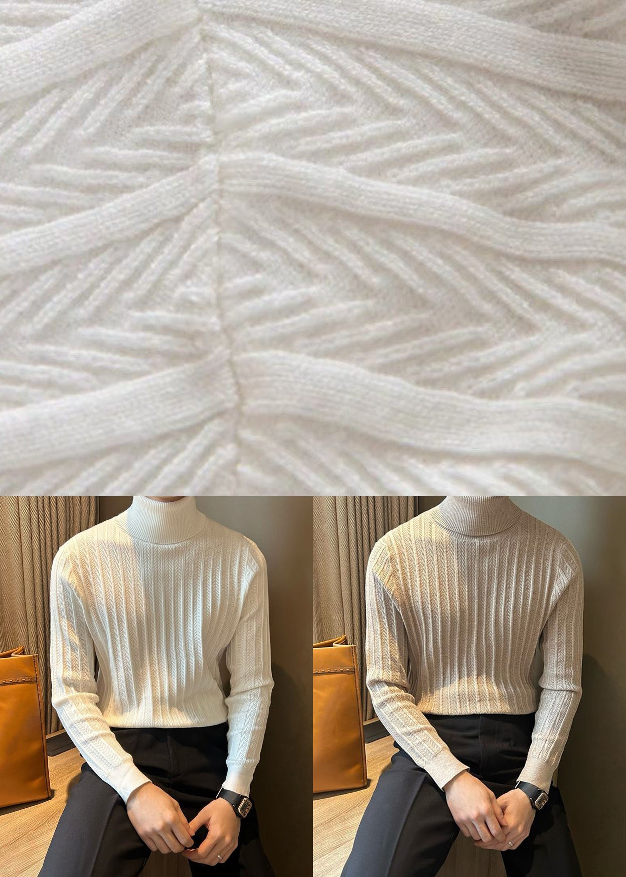 Camel Striped Thick Knit Winter Sweater Tops Turtleneck