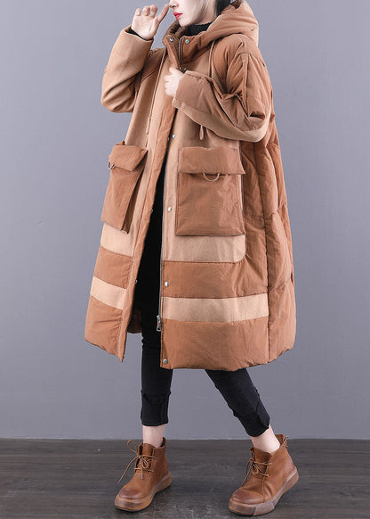 Camel Drawstring Duck Down Winter Coats Zip Up Winter