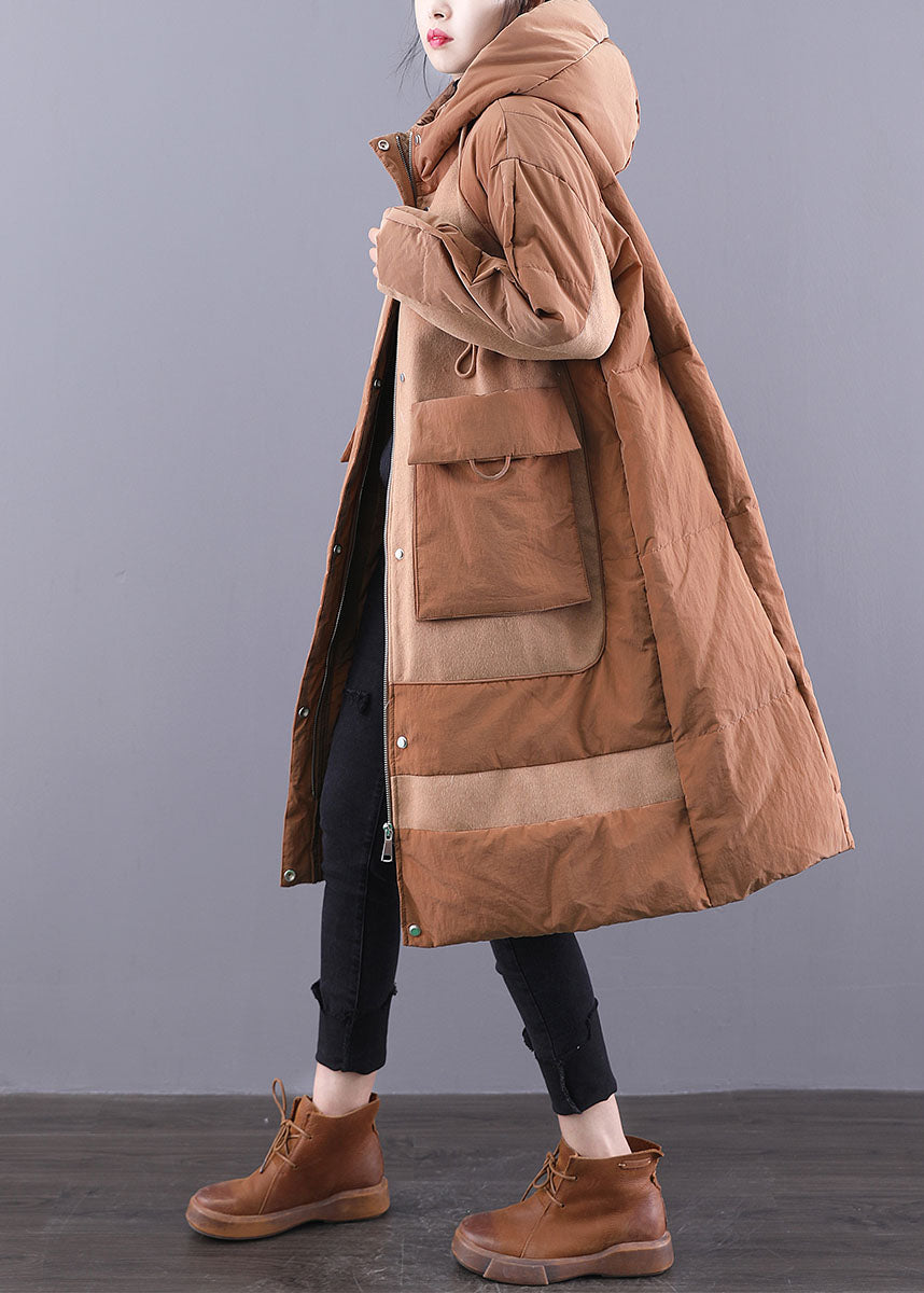 Camel Drawstring Duck Down Winter Coats Zip Up Winter