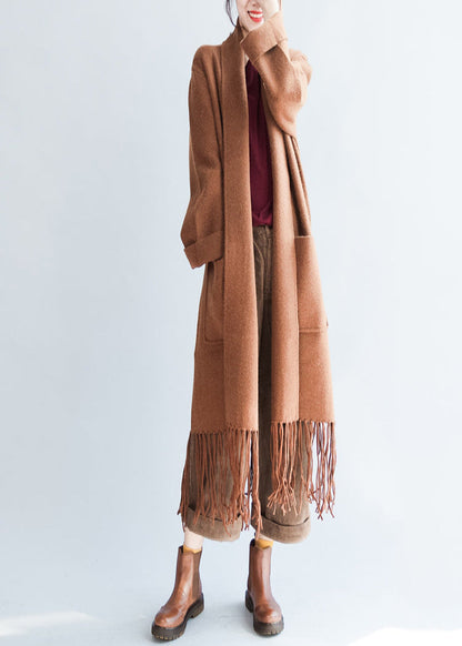 Camel Tasseled Maxmara Cashmere Coats Long Woolen Cardigans Warm Jackets Outwear