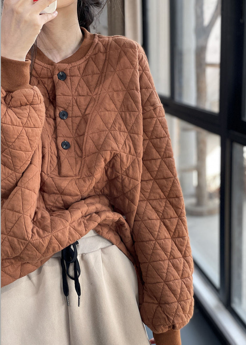 Caramel Button Fine Cotton Filled Sweatshirt Street Wear Winter