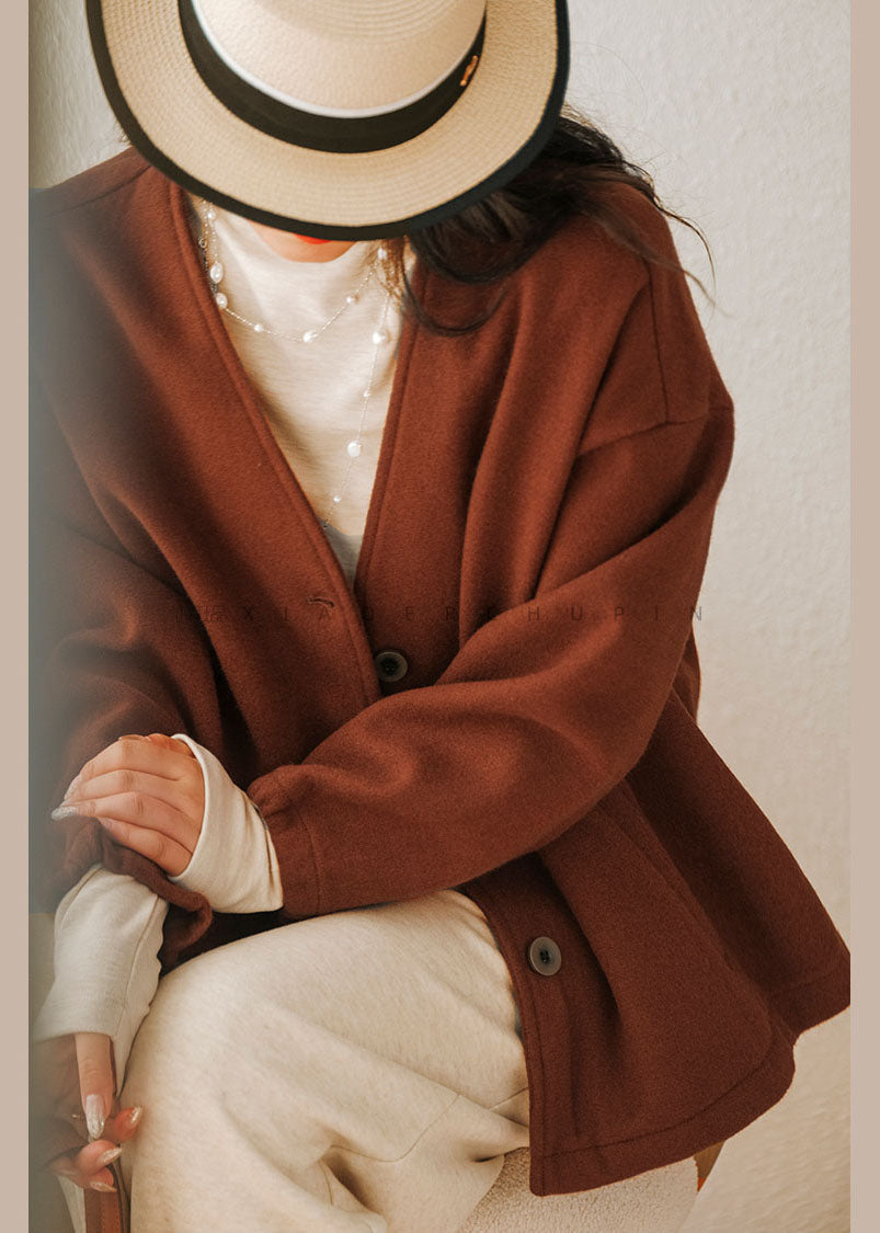 Caramel Oversized Cotton Blend Coats V Neck Winter