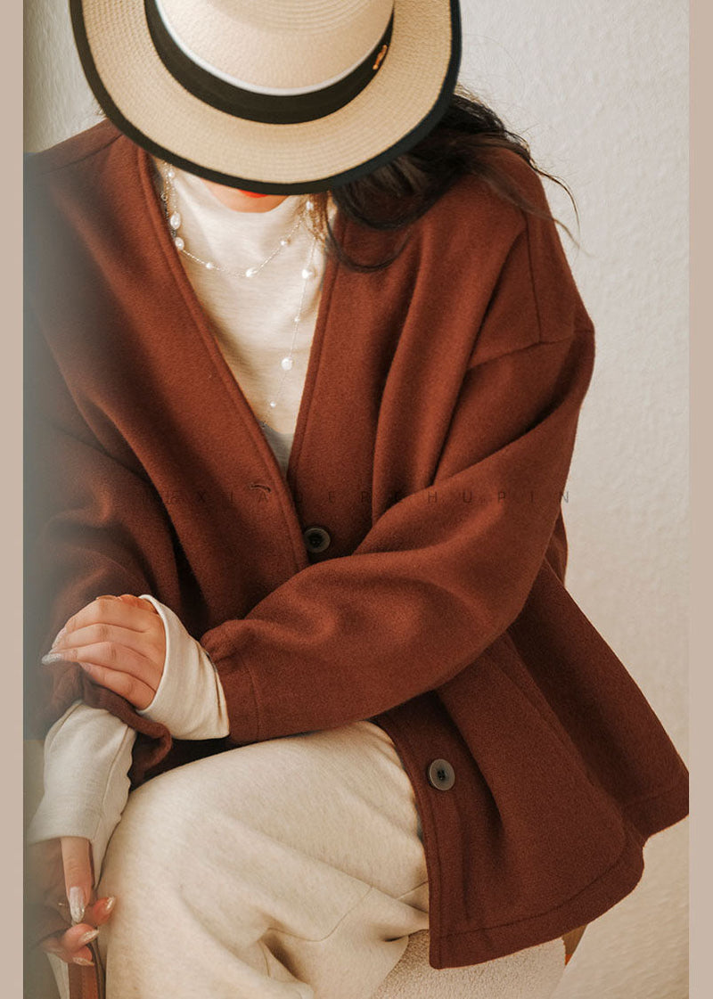 Caramel Oversized Cotton Blend Coats V Neck Winter