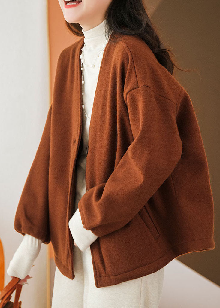Caramel Oversized Cotton Blend Coats V Neck Winter