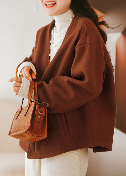 Caramel Oversized Cotton Blend Coats V Neck Winter