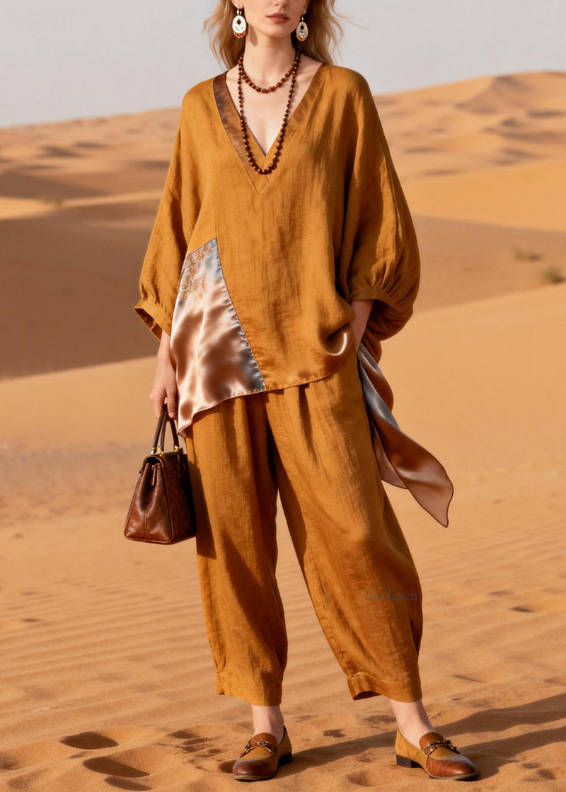 Caramel Pockets Silk Patchwork Tops and Crop Pants Linen Two-piece Set V Neck Spring