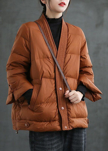 Caramel V Neck Button Thick Winter Jackets