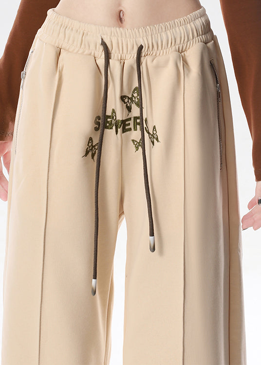 Apricot Butterfly Embroidered Warm Fleece Wide Leg Pants Spring