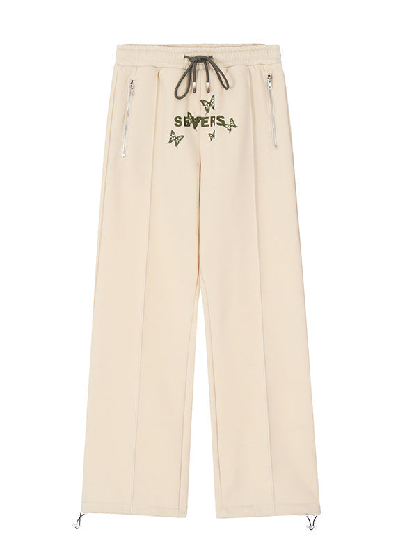 Apricot Butterfly Embroidered Warm Fleece Wide Leg Pants Spring