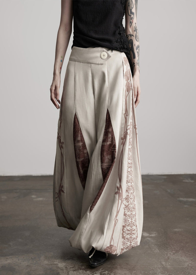 Apricot Embroidered Drawstring Cotton Lantern Pants Spring