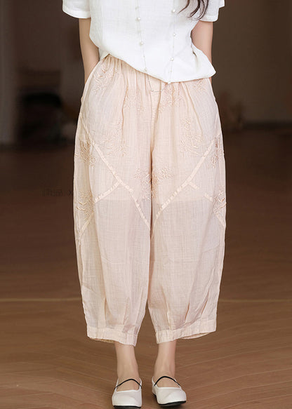 Apricot Embroidered Pockets Linen Crop Pants Summer