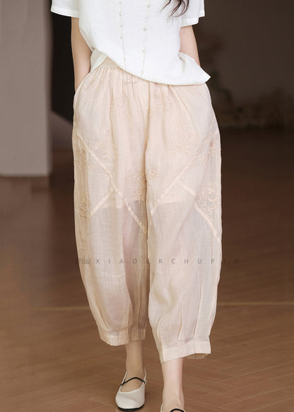 Apricot Embroidered Pockets Linen Crop Pants Summer