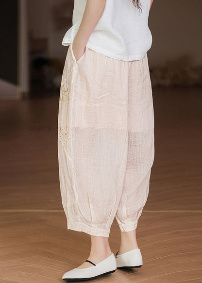 Apricot Embroidered Pockets Linen Crop Pants Summer