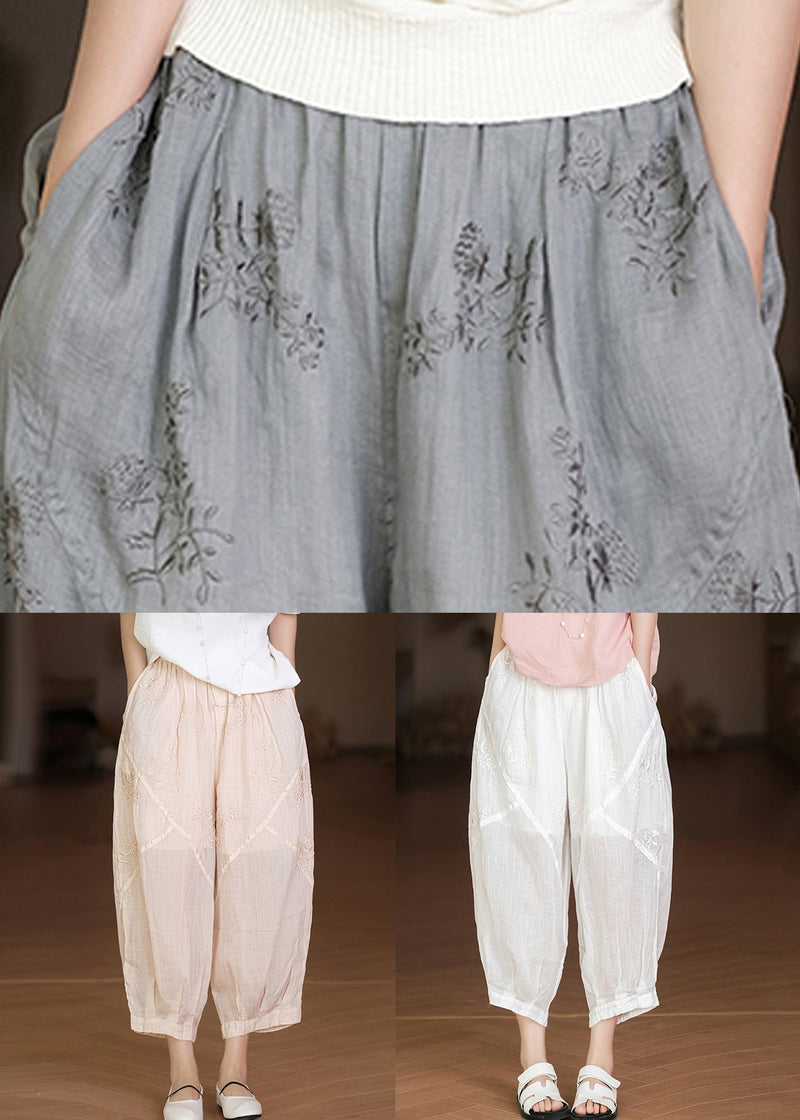Apricot Embroidered Pockets Linen Crop Pants Summer