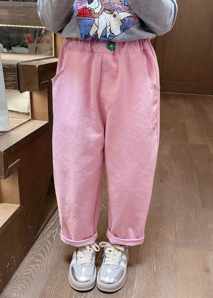 Apricot Embroideried Pockets Kids Straight Pants Spring