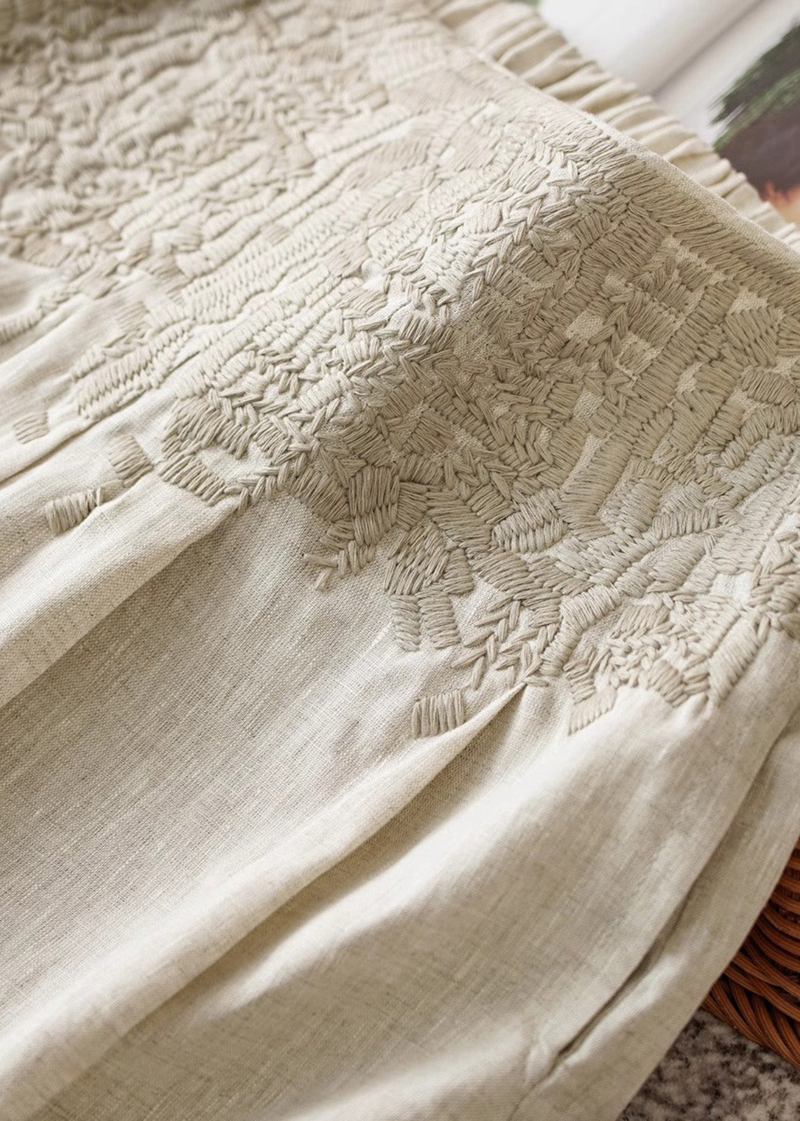 Apricot High Waist Embroidered Linen Wide Leg Pants Spring