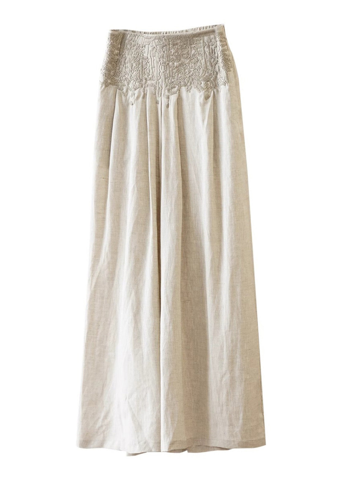 Apricot High Waist Embroidered Linen Wide Leg Pants Spring