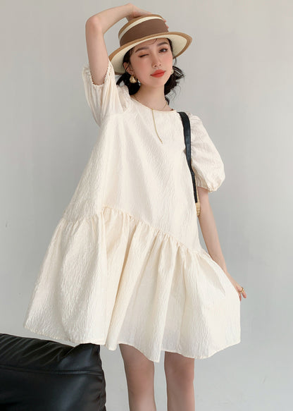 Apricot O Neck Patchwork Wrinkled Cotton Mid Dress Puff Sleeve