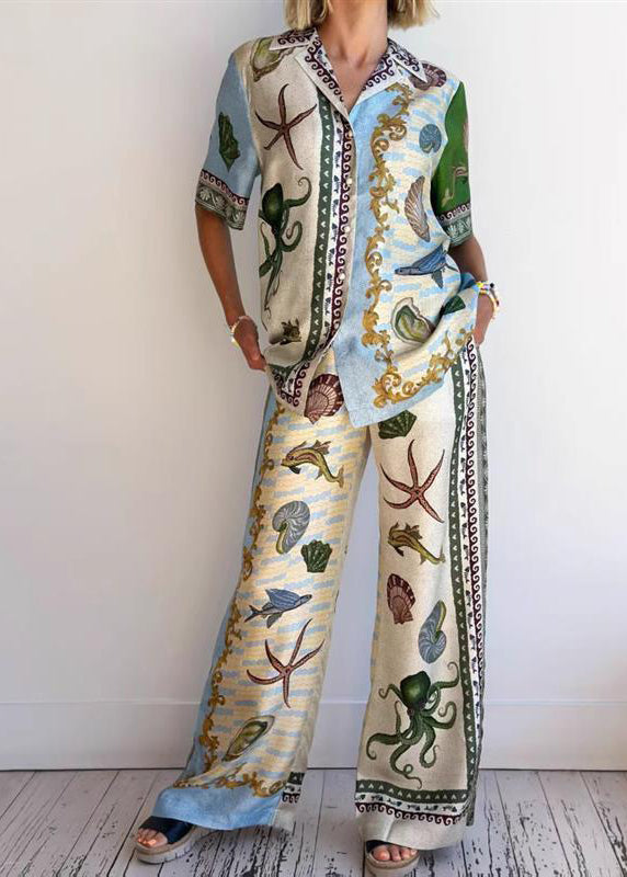 Apricot Peter Pan Collar Button Shirts and Wide Leg Pants Two-piece Set Summer