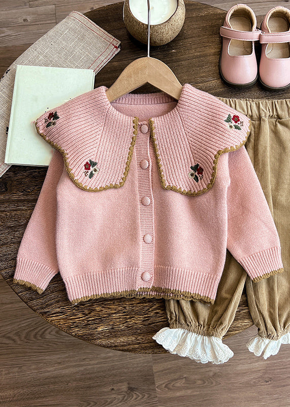 Apricot Peter Pan Collar Embroideried Cotton Knit Kids Cardigan and Pants Two Pieces Set Spring