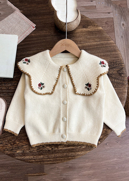 Apricot Peter Pan Collar Embroideried Cotton Knit Kids Cardigan and Pants Two Pieces Set Spring