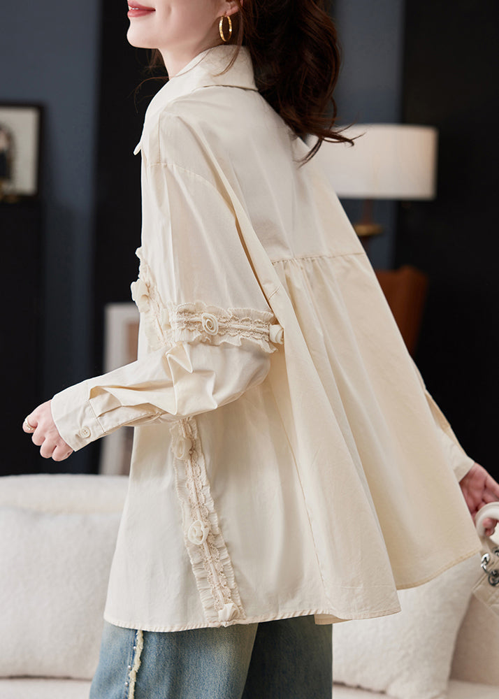 Casual Apricot Peter Pan Collar Ruffled Patchwork Cotton Shirt Spring