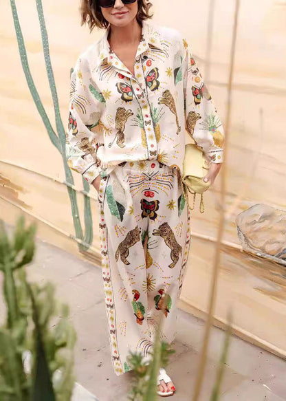 Apricot Peter Pan Collar Tiger Print Shirts and Wide Leg Pants Two Piece Set Fall