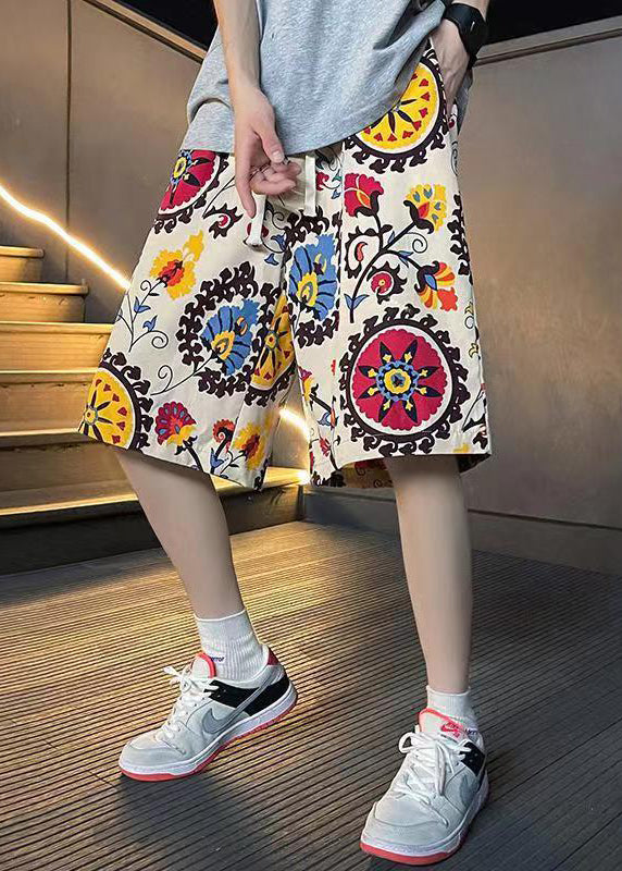 Apricot Print Elastic Waist Cotton Beach Shorts Summer