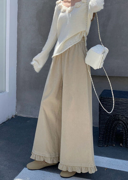 Apricot Ruffled Patchwork Elastic Waist Corduroy Pants Spring
