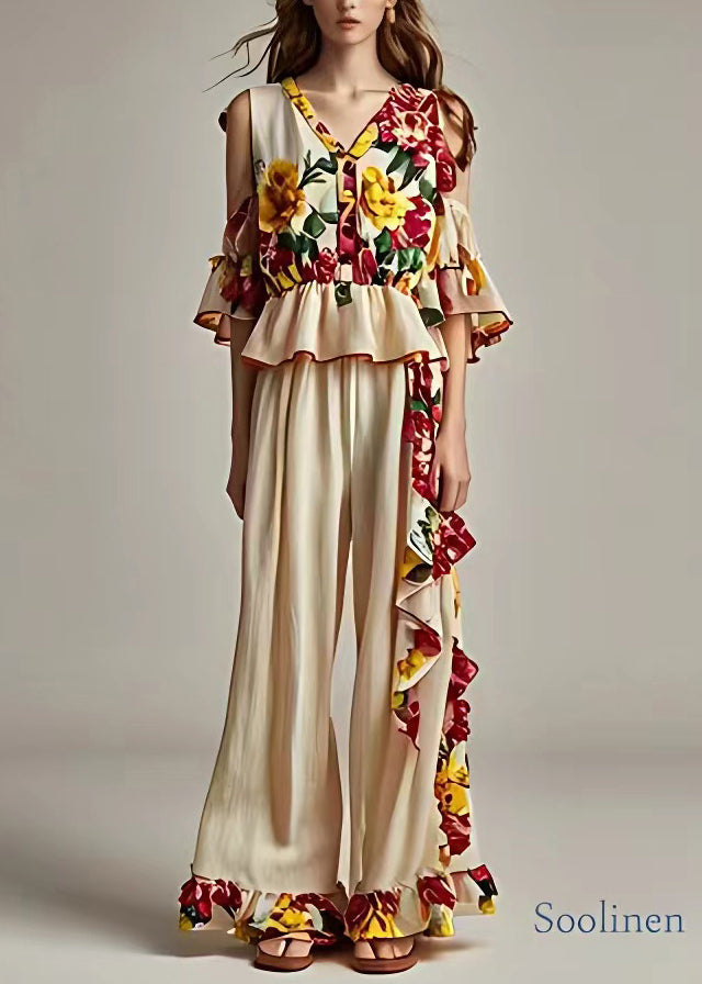 Apricot Ruffled Patchwork Vest and Pants Two Pieces Set Sleeveless