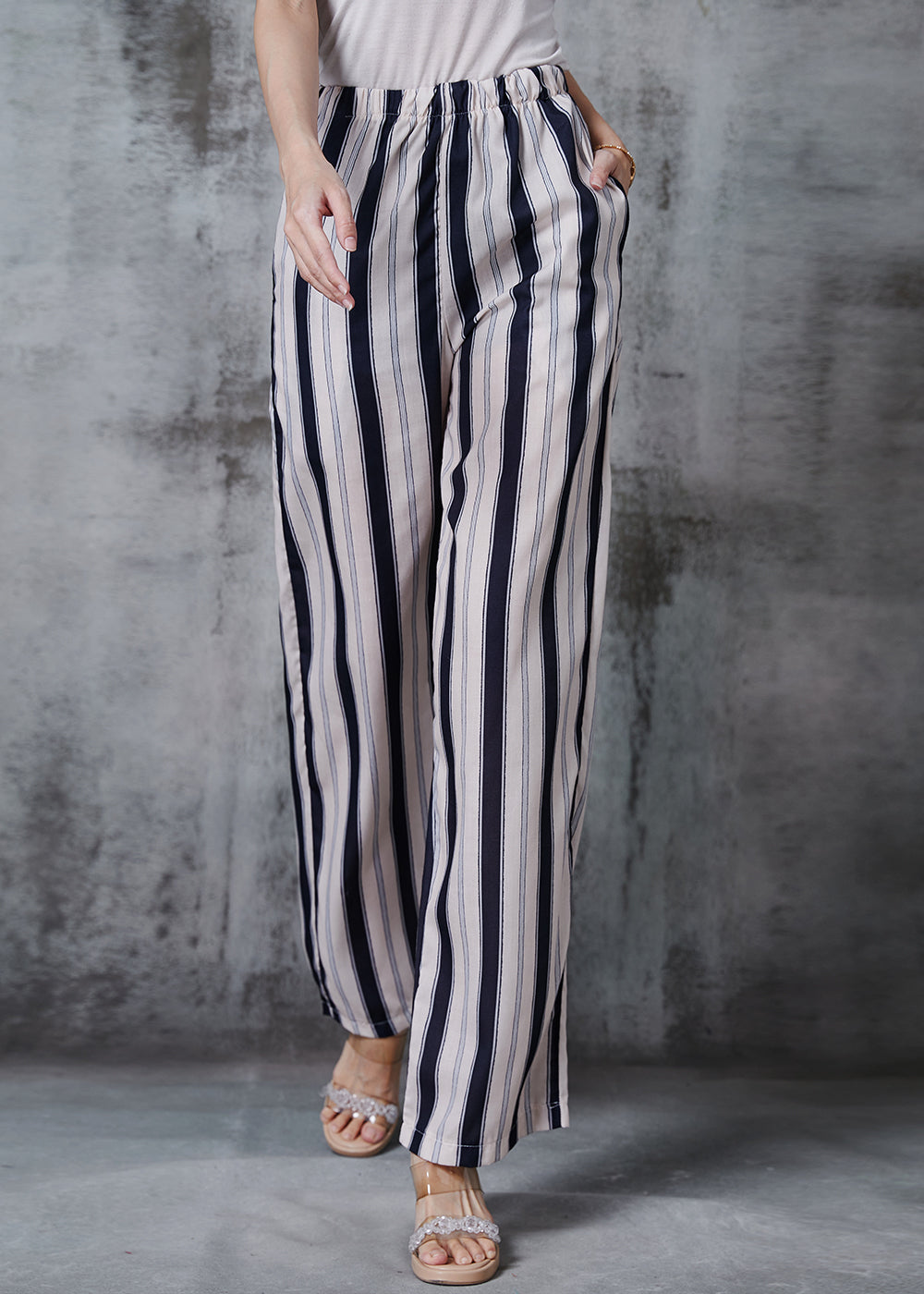 Apricot Striped Cotton Straight Pants Spring