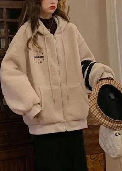 Apricot Striped Patchwork Warm Fleece Thick Faux Fur Hooded Parka Winter