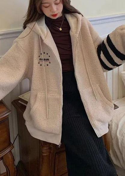 Apricot Striped Patchwork Warm Fleece Thick Faux Fur Hooded Parka Winter
