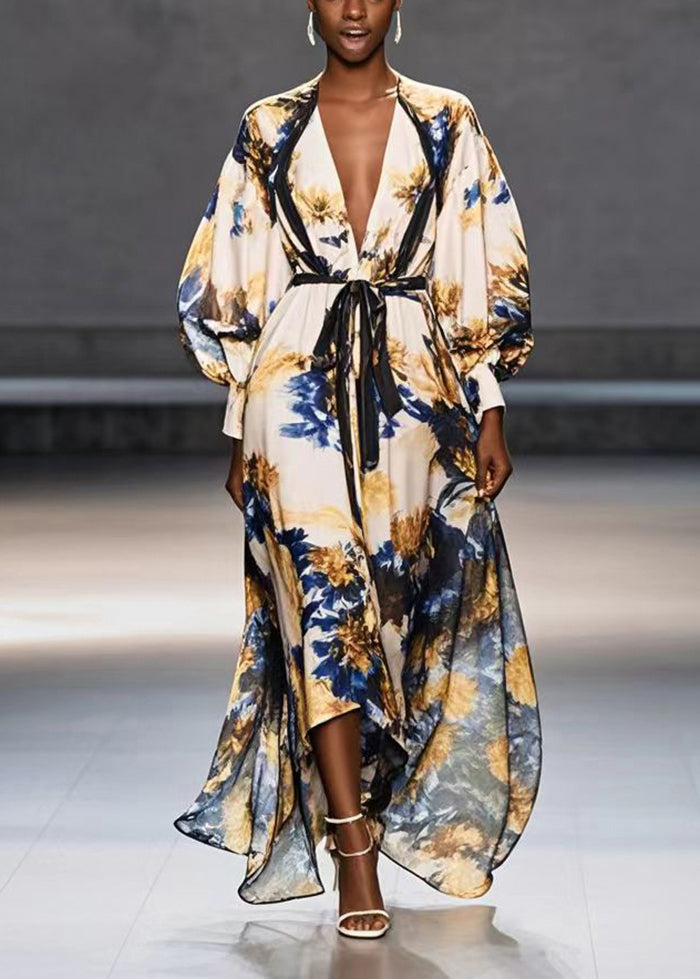 Apricot Tie Waist Print Chiffon Maxi Dresses Spring