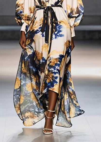 Apricot Tie Waist Print Chiffon Maxi Dresses Spring