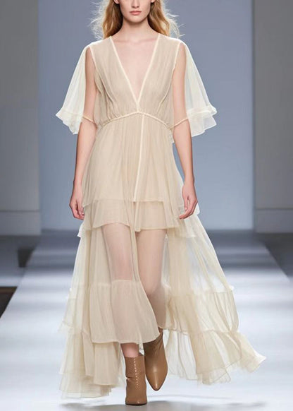 Apricot V Neck Exra Large Hem Silk Long Dress Summer