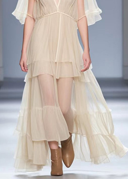 Apricot V Neck Exra Large Hem Silk Long Dress Summer