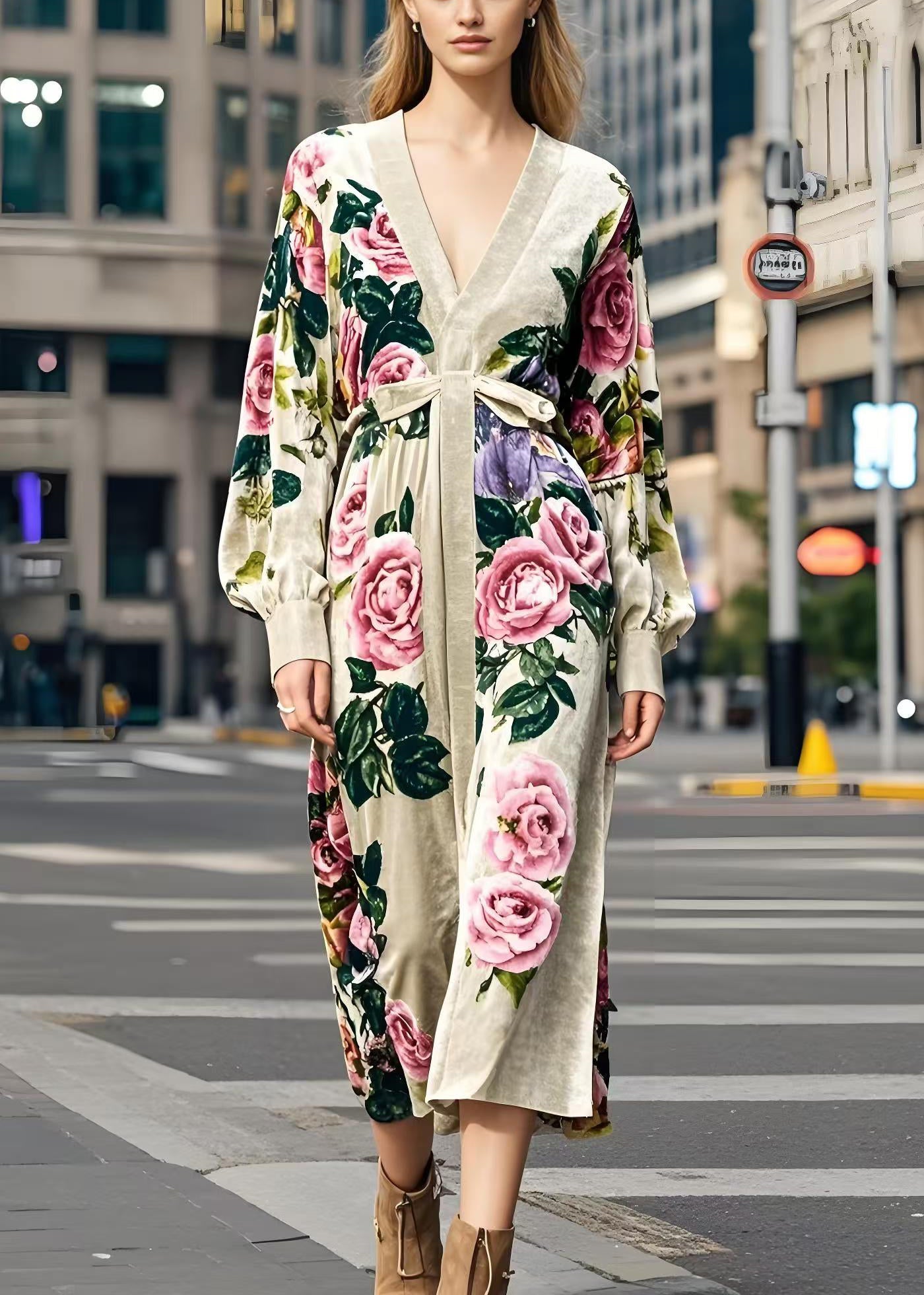 Apricot V Neck Print Silk Velvet Dress Spring