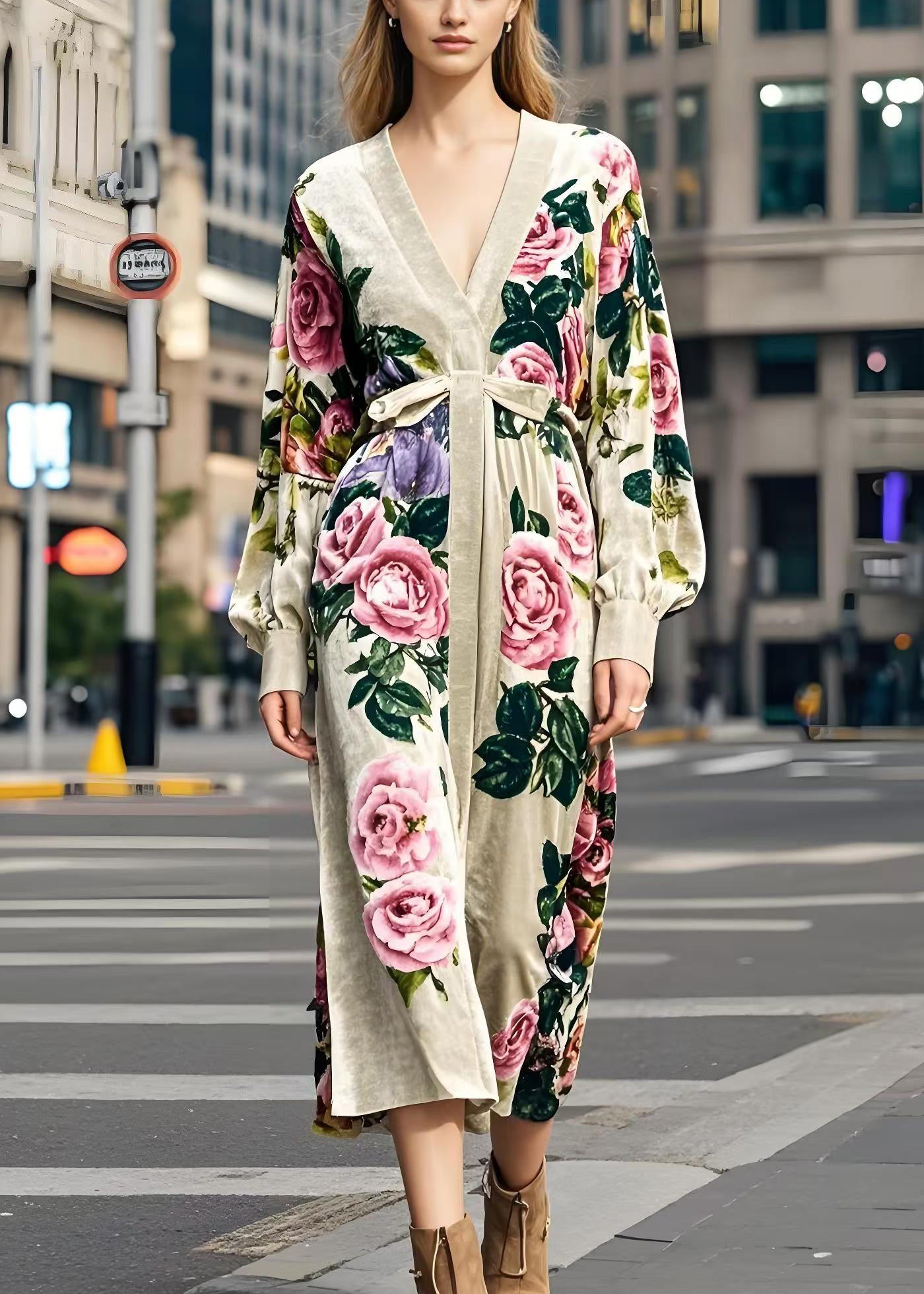 Apricot V Neck Print Silk Velvet Dress Spring